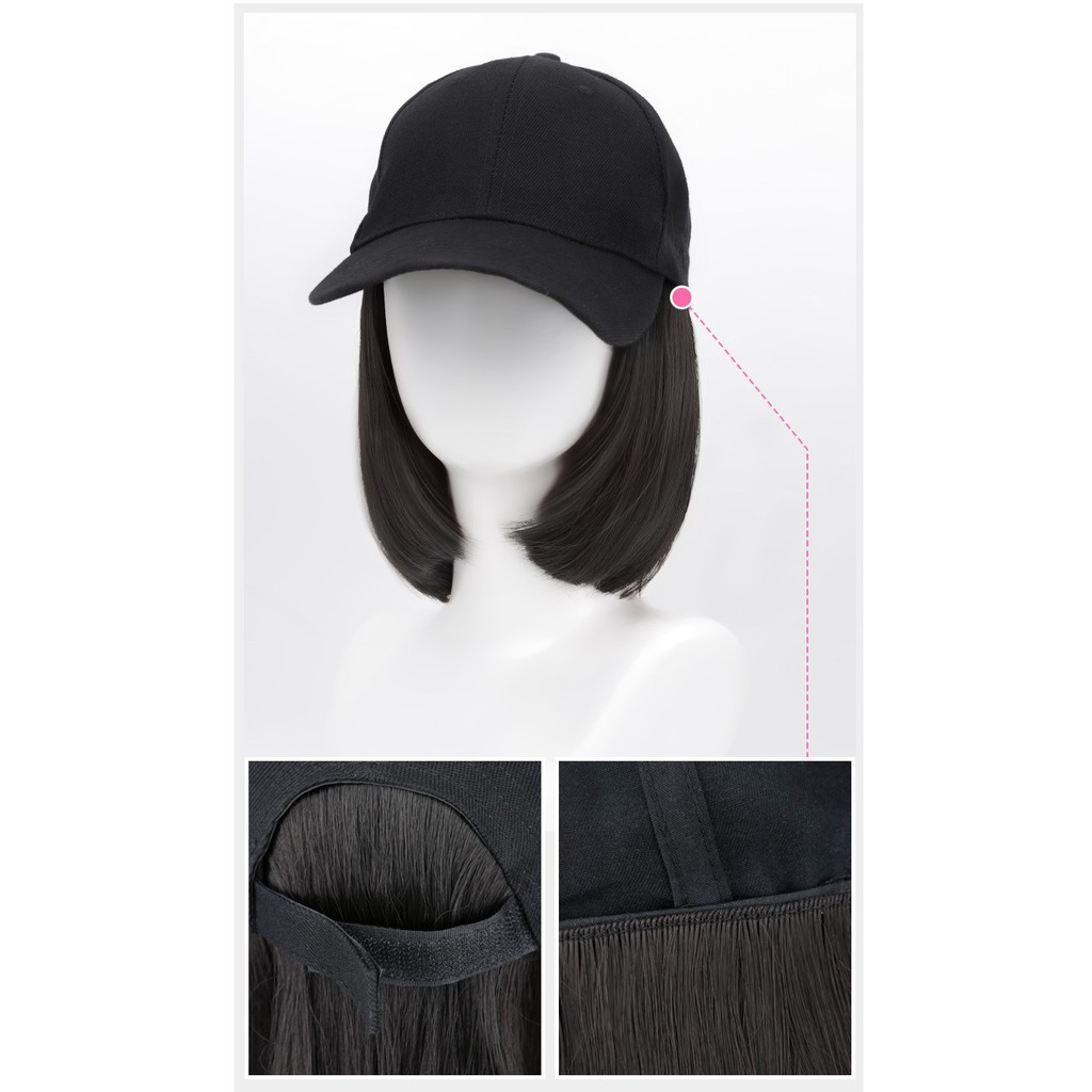 HTB wig topi baseball wig hat rambut palsu 25 cm hair extension lurus bob pendek