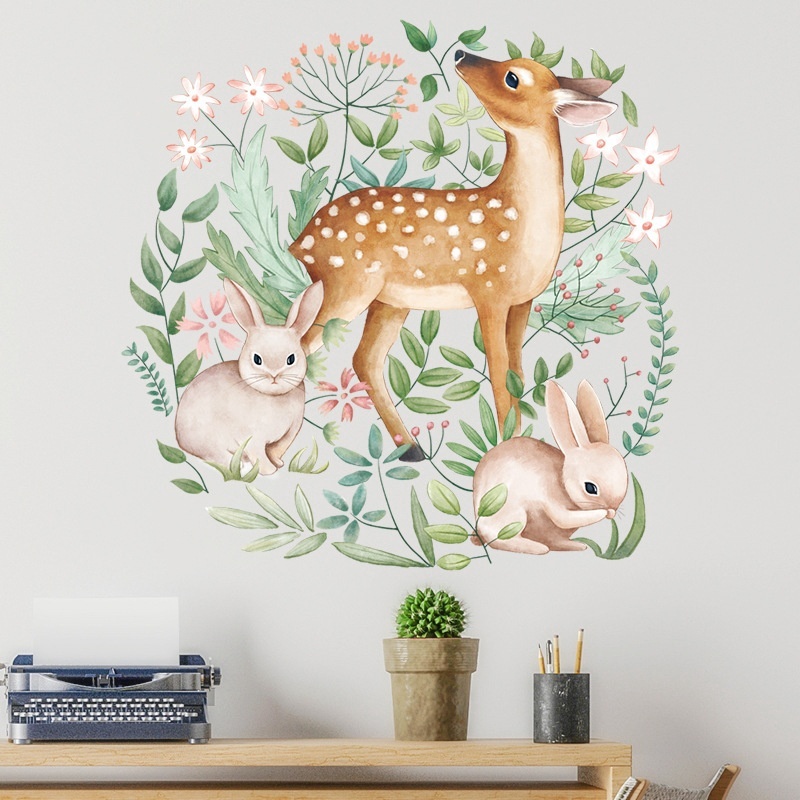 New Waterproof Nordic Style Sika Deer Rabbit Pattern Pvc Wall Stickers for Kids Room Living Room Decoration