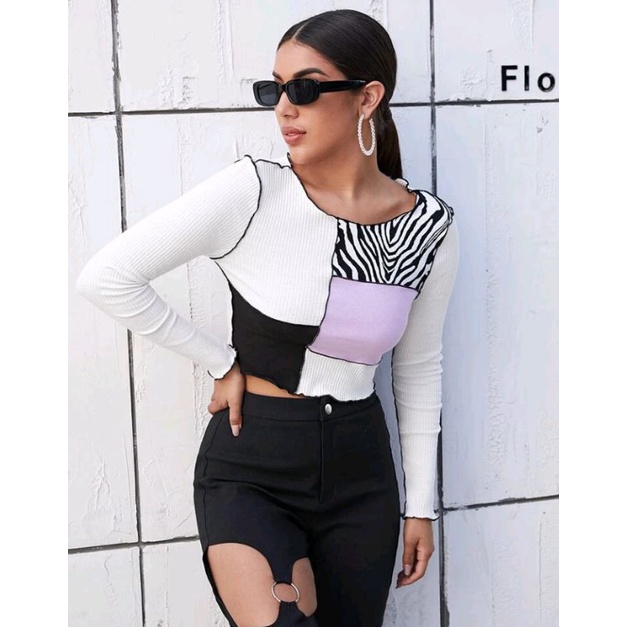 SHEIN Zebra Striped Panel Seam Front Colorblock Tee