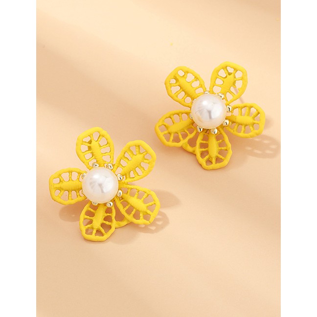 LRC Anting Tusuk Fashion Yellow Flower Pearl Dropping Hollow Alloy Earrings K27038
