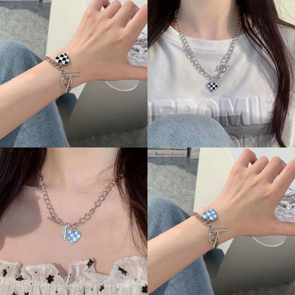 Korea Checkerboard Love Pendant Hollow OT Chain Necklace Female Bracelet