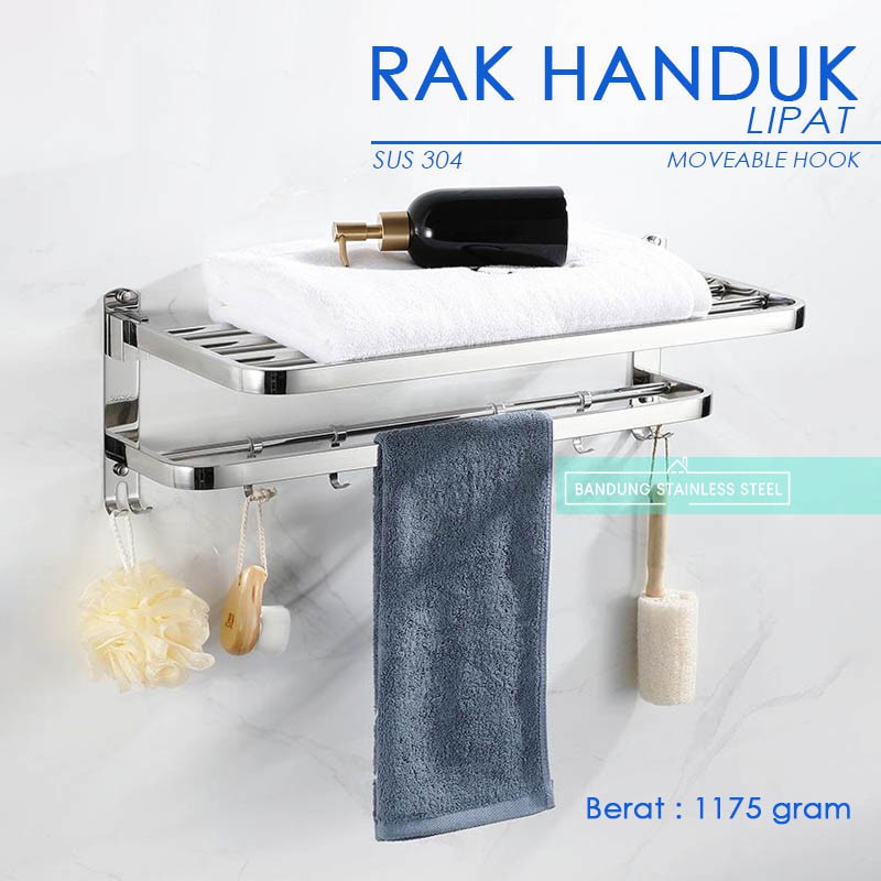 sus 304 Rak tempat handuk lipat stainless steel 4 baris plus kait geser 919 kamar mandi