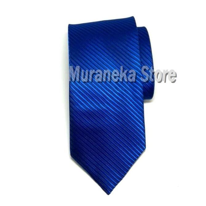 Dasi Salur Pria Biru Elektrik Panjang Formal Lebar 3 Inch Motif Garis Kerja Kantor Bca 7-8 Cm Polos