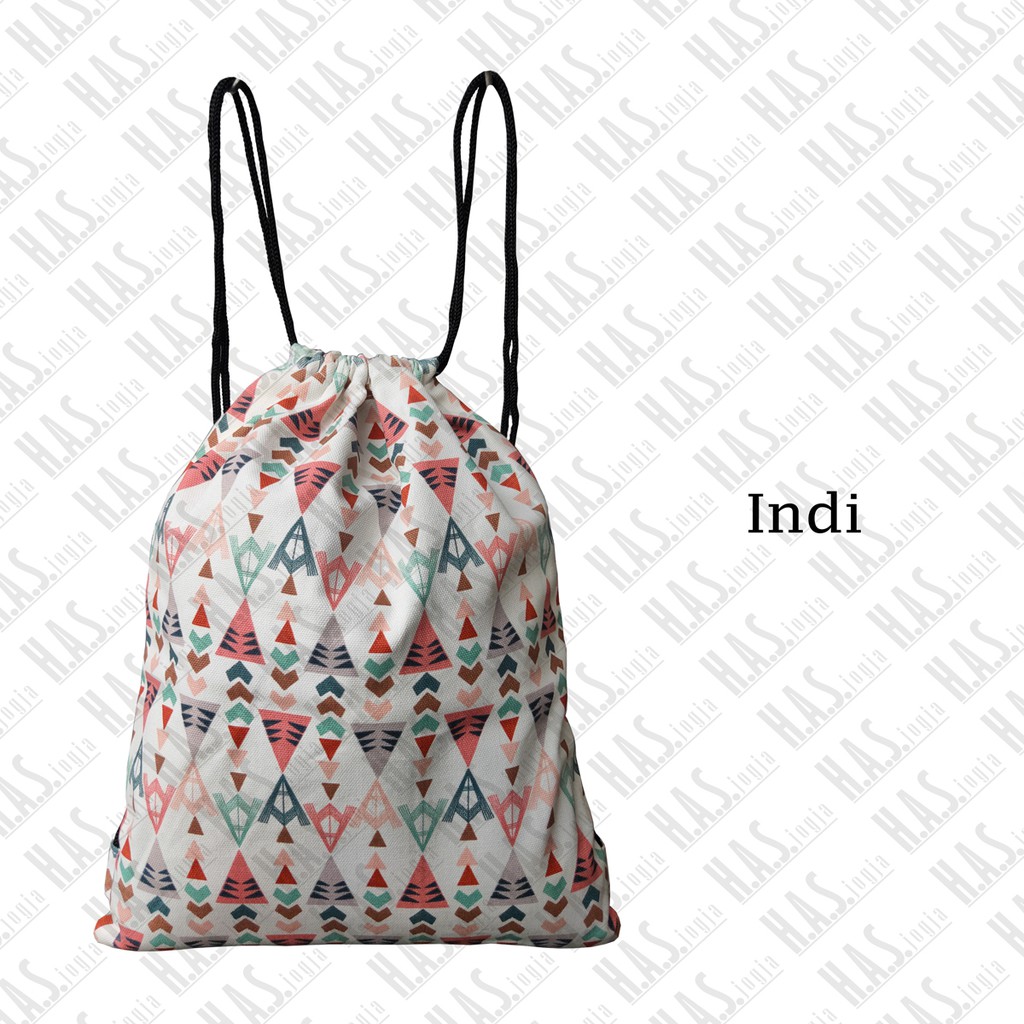TAS SERUT DRAWSTRING BAG STRING BAG STRINGBAG BAHAN TWILL DENIM TEBAL MOTIF INDI