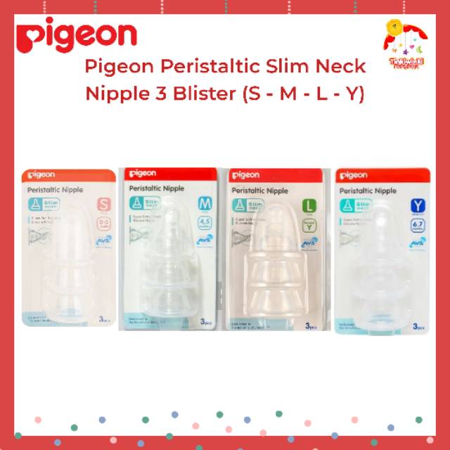 Pigeon Peristaltic Slim Neck Nipple 3 Blister (S - M - L - Y)