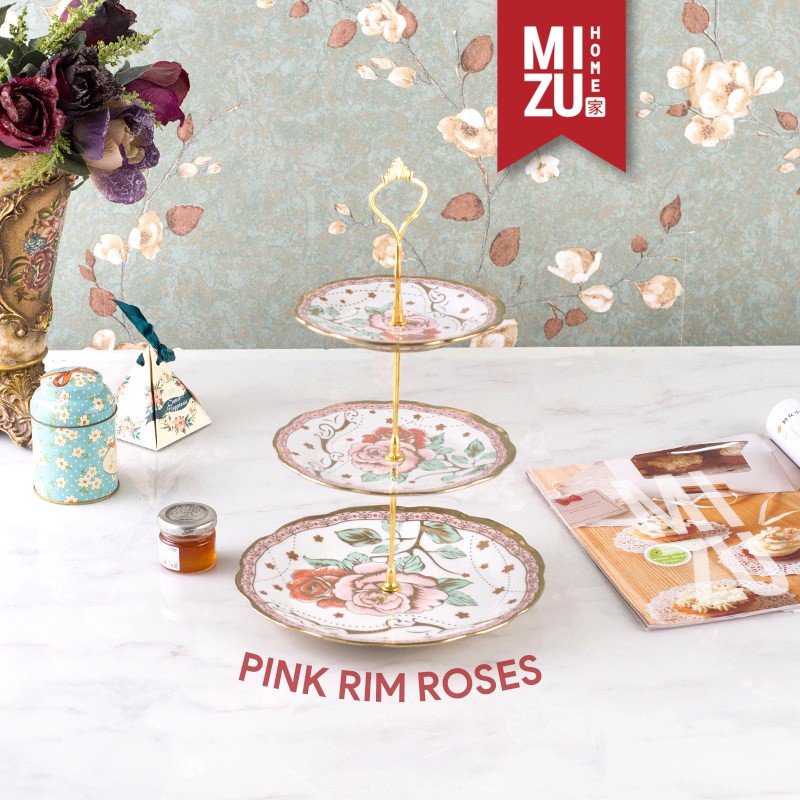 MIZU 3-GATEAUX 3-Tier Golden Ceramic Cupcake Dessert Stand Menara Kue Piring Menara Kue Piring Susun-3