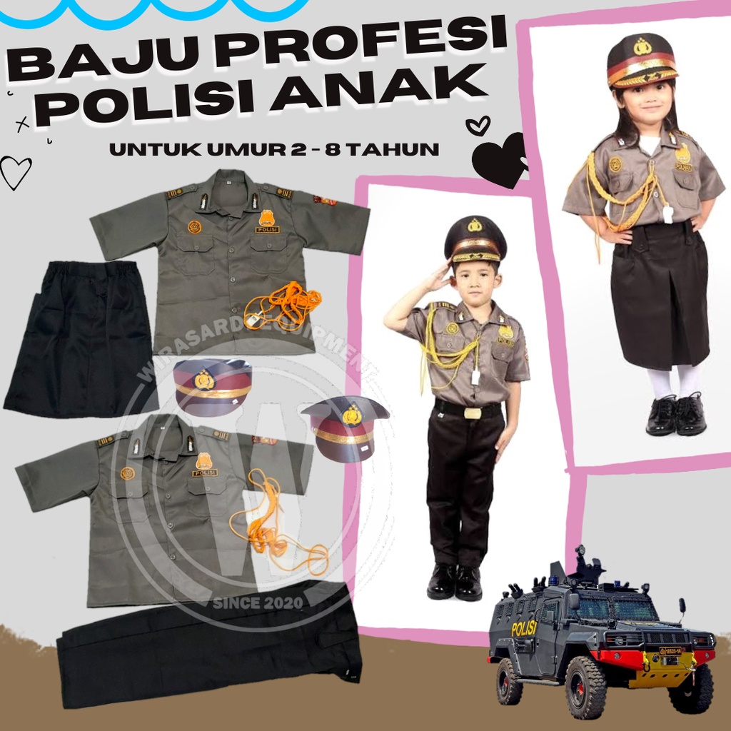 Baju polisi anak laki laki/perempuan pocil seragam kostum profesi anak PAKET KOMPLIT termurah