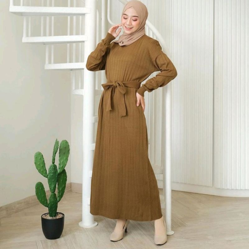 Kava Long Dress(+Belt) Knit / Dress Rajut / Long Dress / Baju Muslim Wanita / Dress Knit / Gamis