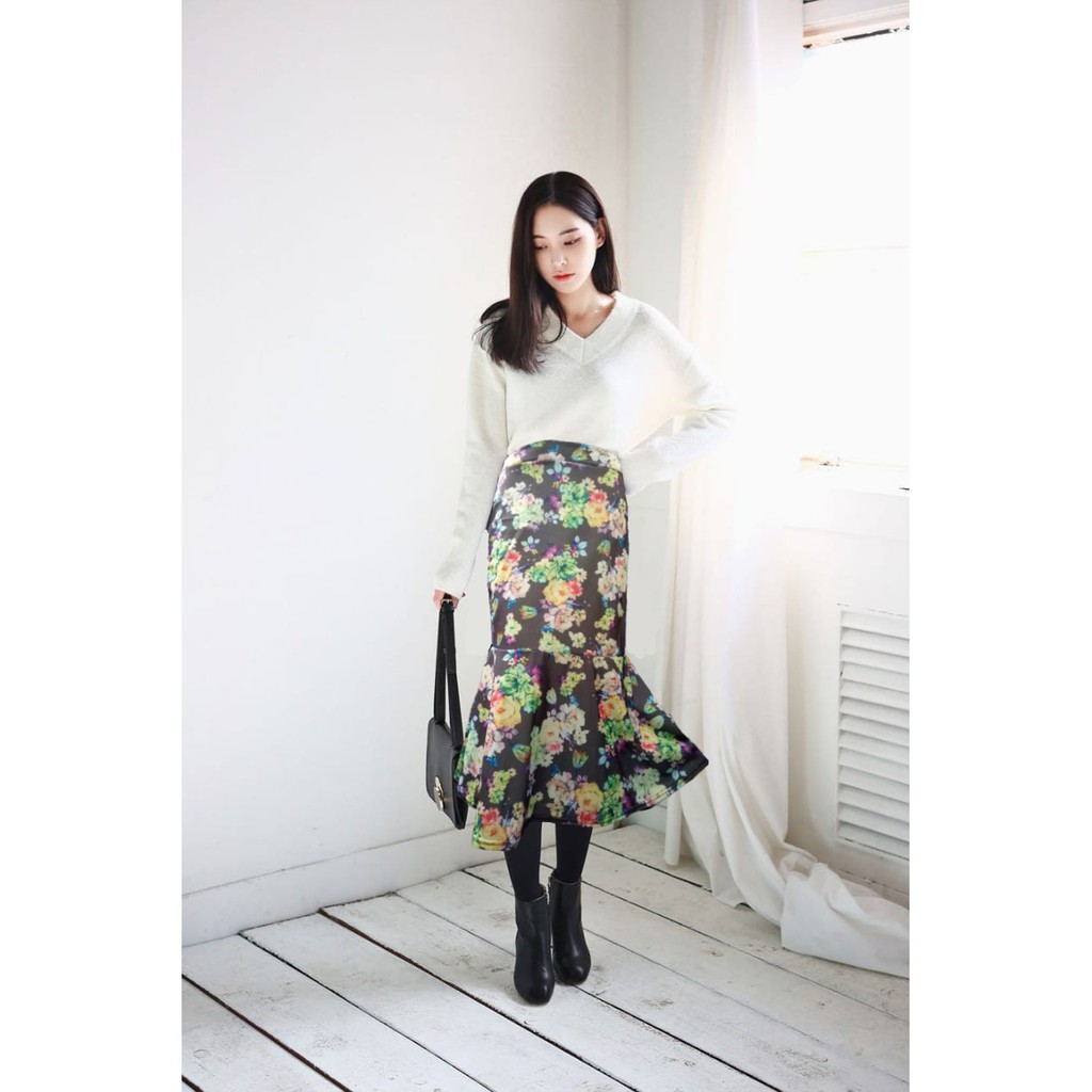 Rok Kerja Panjang 7/8 / Rok Span Motif Bunga | Rok Span Motif Shubby Korea