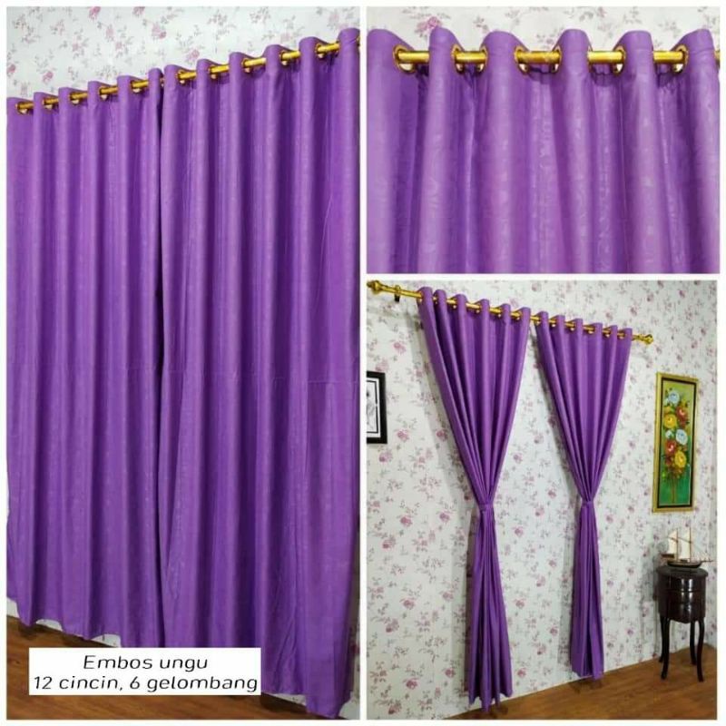 Horden/Gorden Jendela Pintu  Motif EMBOSS Ungu Muda 12 Cincin Ring