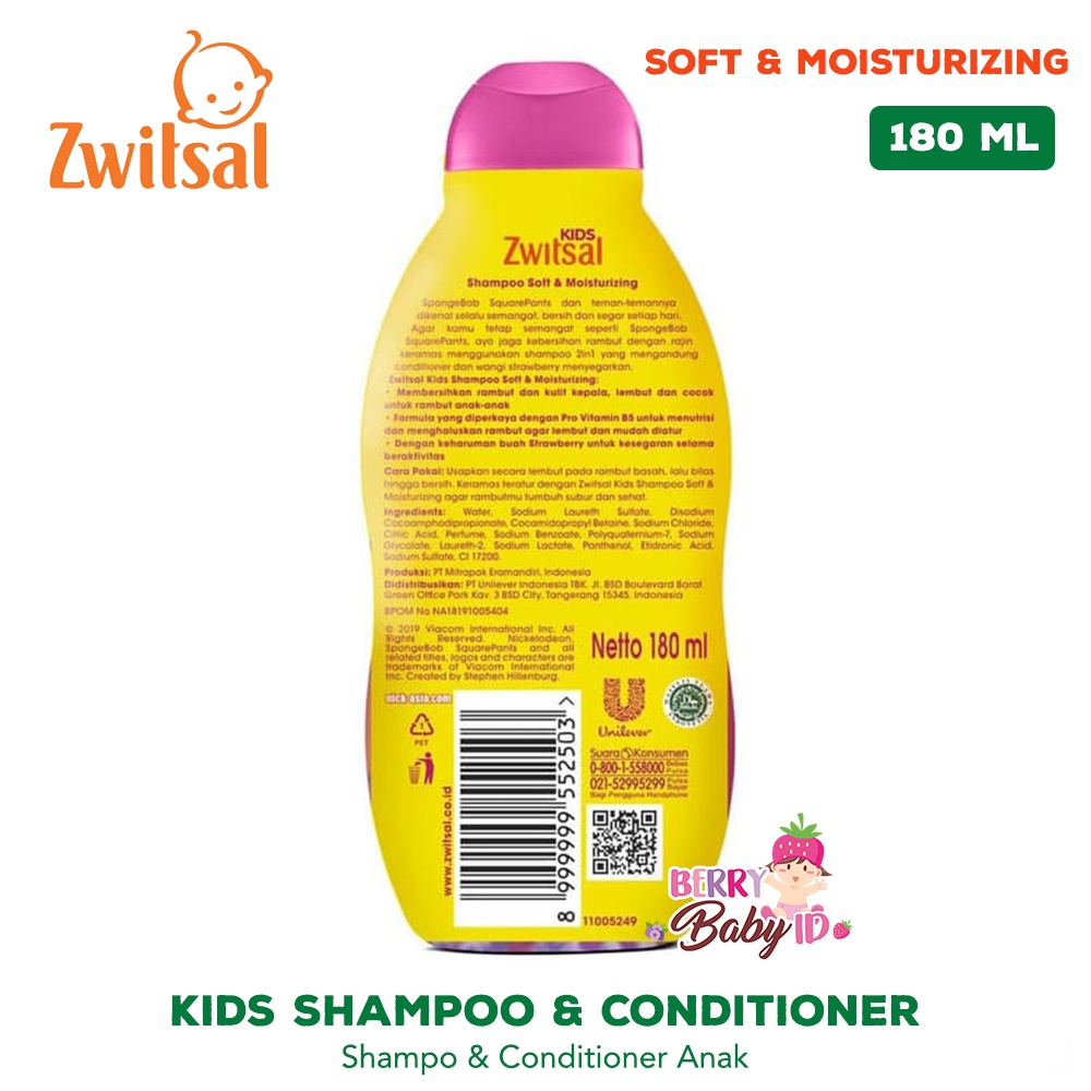 Zwitsal Kids Shampoo With Conditioner Green Pink Blue 180ml Berry Mart