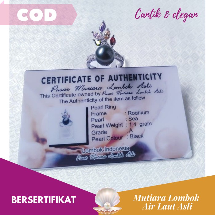 CINCIN MUTIARA LOMBOK ASLI AIR LAUT HITAM GRADE A BERSERTIFIKAT - CML037