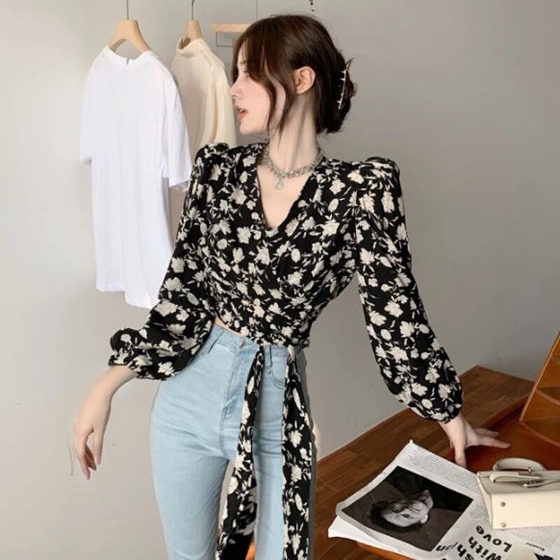 Hong Kong style retro V-neck shirt lace-up waist-controlled long sleeve floral shirt for women