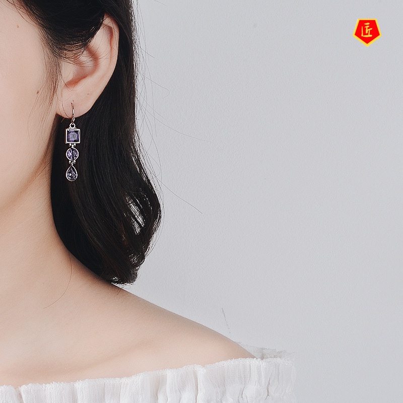 [Ready Stock]Amethyst Rhinestone Earrings Fashion Elegant Graceful