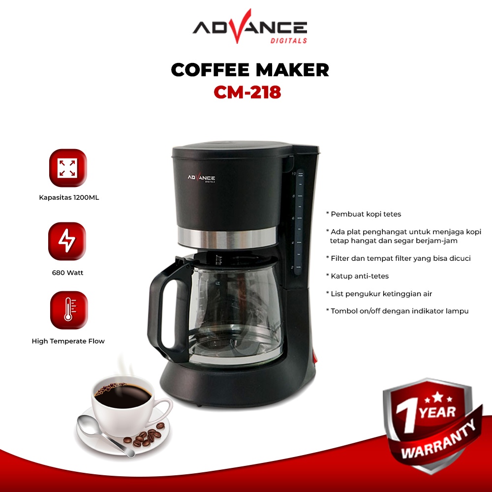 Advance Digitals Coffee Maker 1.2L Mesin Pembuat Kopi CM-218 Garansi Resmi Advance Digitals 1 Tahun I Hitam