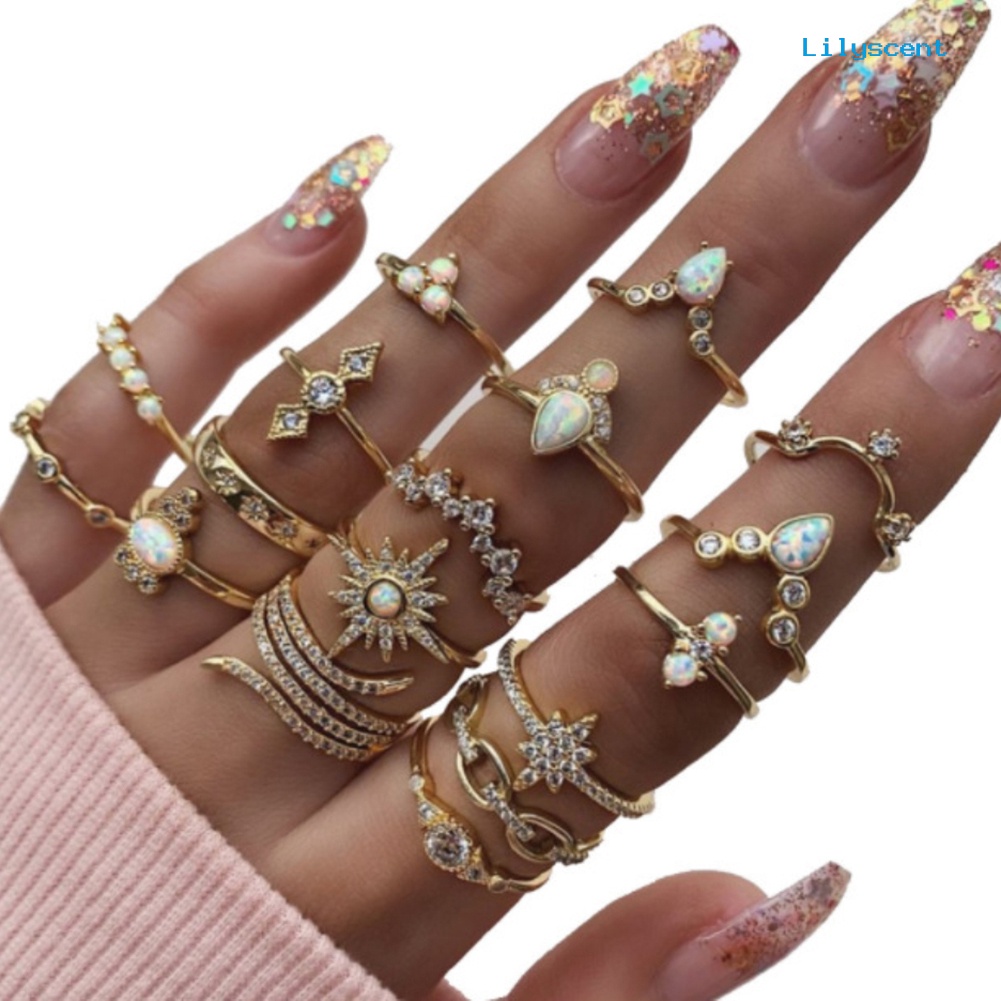 17pcs / Set Cincin Jari Bentuk Bunga Aksen Berlian Imitasi Gaya Bohemian Untuk Wanita