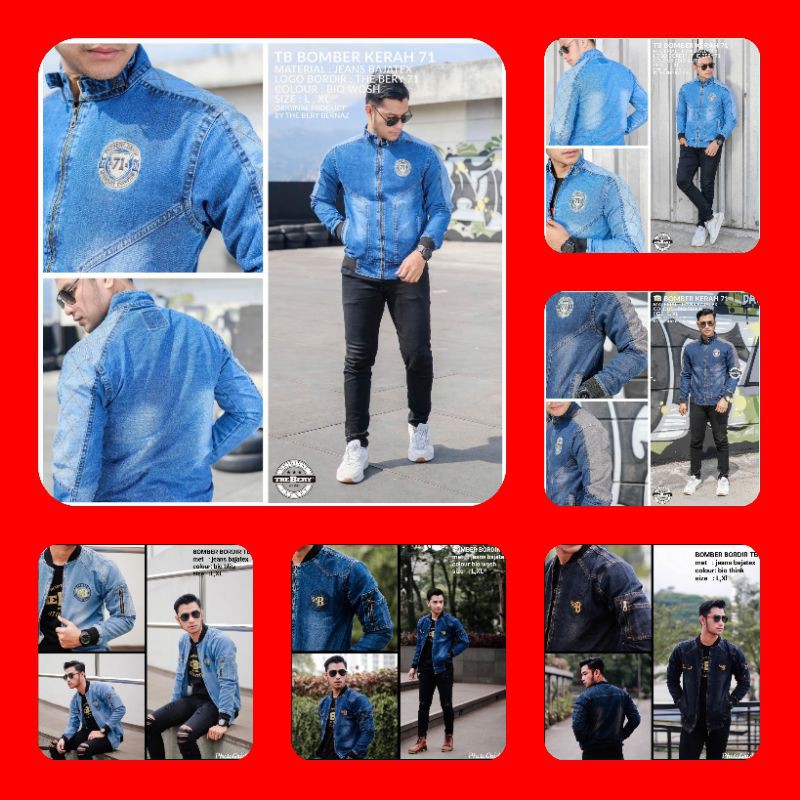 JAKET JEANS BOMBER KERAH PRIA/JAKET BOMBER BORDIR TB 71/JAKET JEANS SELETING PRIA MURAH