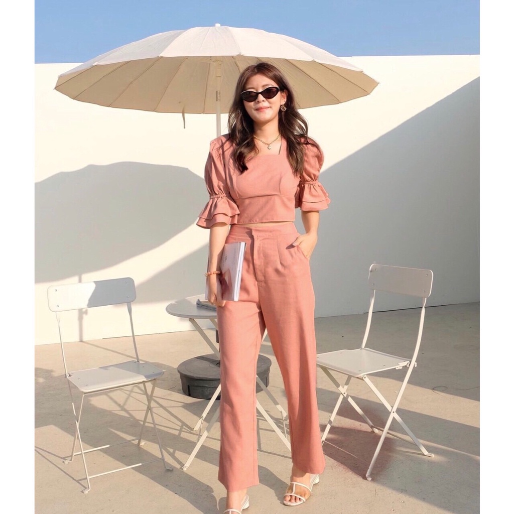 SET6614 Linen Double Ruffle Sleeves Top & Pants Set-6