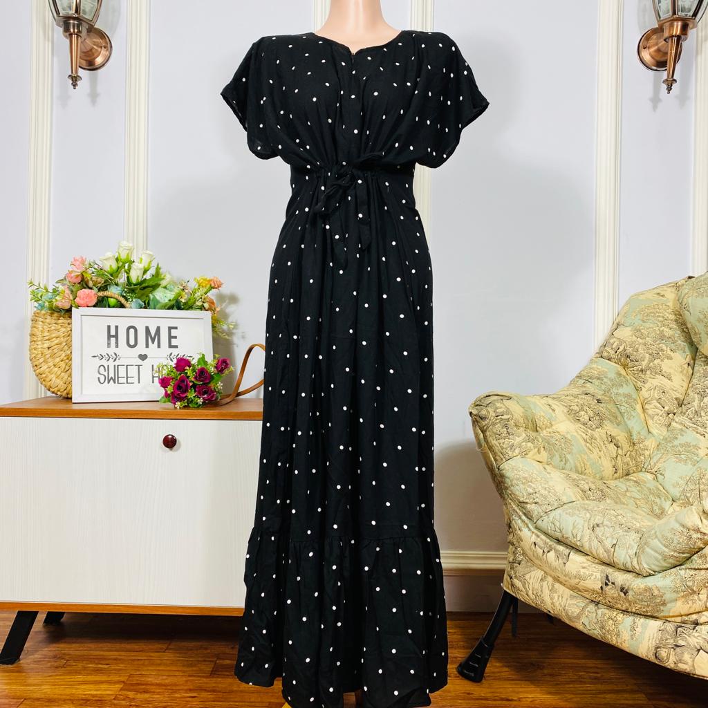 Daster Semata kaki Rayon Manohara Ruffle Busui Panjang Semata Kaki LD 120 Long Dress kekinian - Longdress semata kaki-Polkadot Hitam