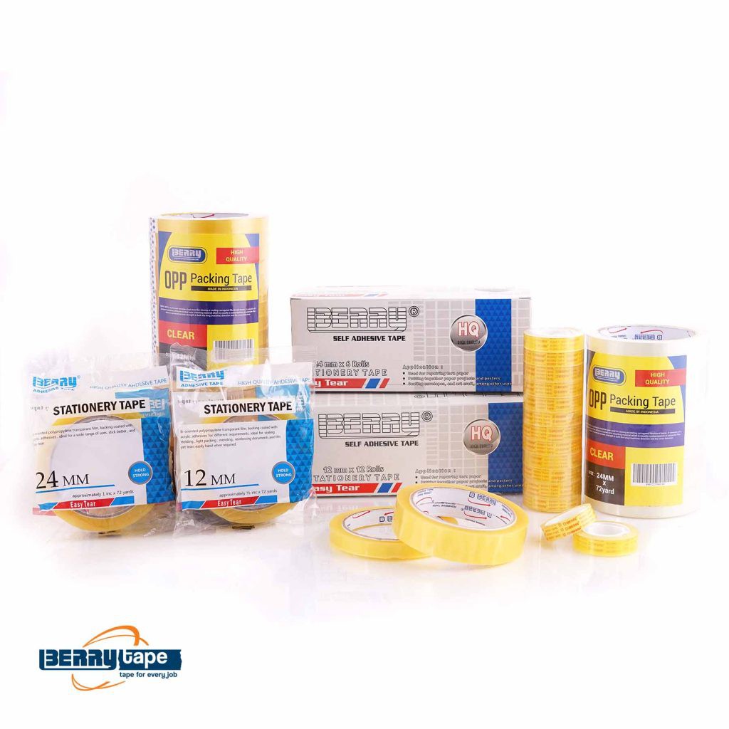 

Solasi / Selotip Easy tear Berry tape ( ½ inch ) 12mm x 72 yard Mudah dirobek – Satuan