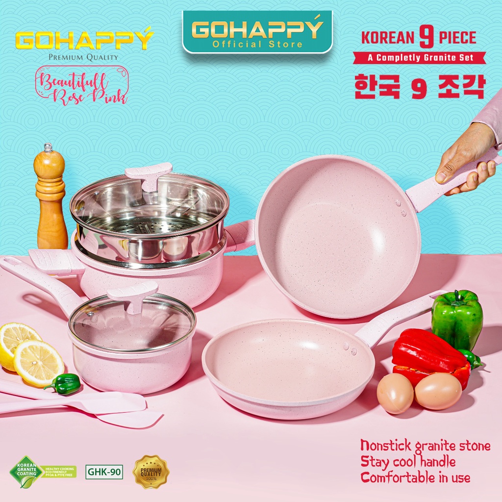 PANCI SET PASTEL GOHAPPY KOREAN SET 9PC GHK90 - Perlengkapan masak Anti lengket caserole  - Wok dapur fry pan