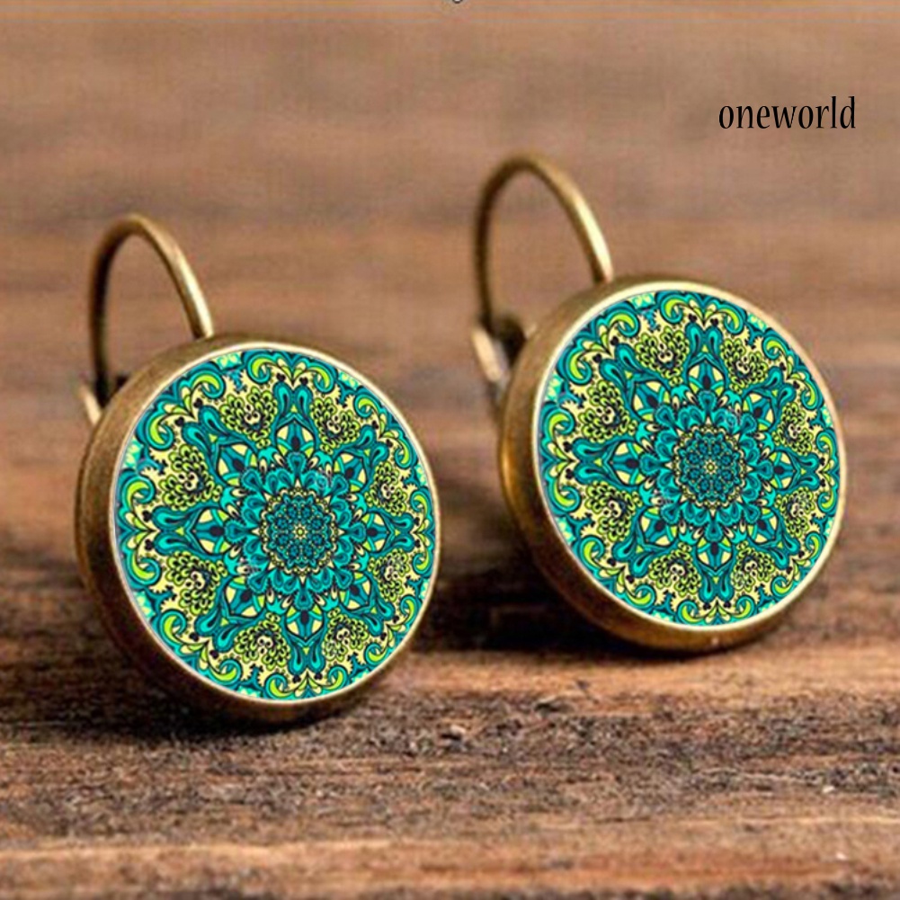 OW@ Vintage Flower Lotus Mandala Glass Cabochon Leverback Earrings Women Jewelry