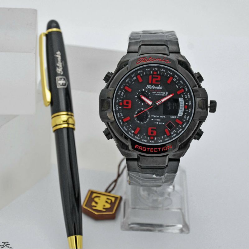 Jam Tangan Pria Tetonis T1009 Original Anti Air Rantai Stainless Steel Dual Time Analog Digital