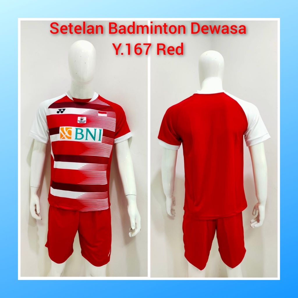 Kaos badminton pria jersey bulutangkis baju dan celana setelan wanita dewasa t-shirt outfit seragam jarsey kostum olahraga pakaian apparel sport jersy bulu tangkis casual jersi sudirman cup suit Y167 merah sponsor