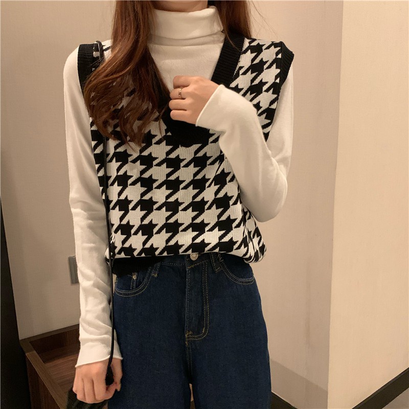 [Diskon Terbesar]Korea Tanpa lengan longgar v-neck Rompi kisi sweater rajutan rompi outer Rompi rajut