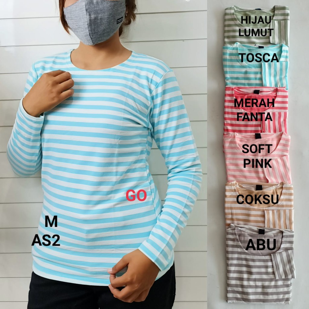 gof AS LMN Pakaian Wanita Atasan Kaos Motif Salur Garis Katun Casual Santai Original Lengan Panjang