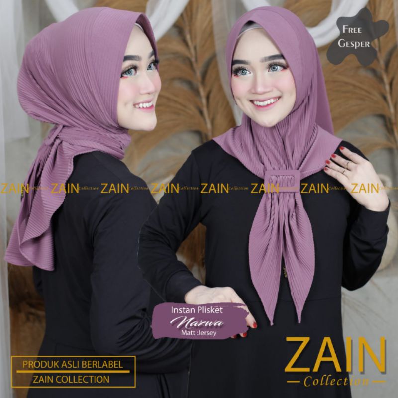 Jilbab Instan Plisket Nazwa Free Belt Ori Zain Collection-Ungu