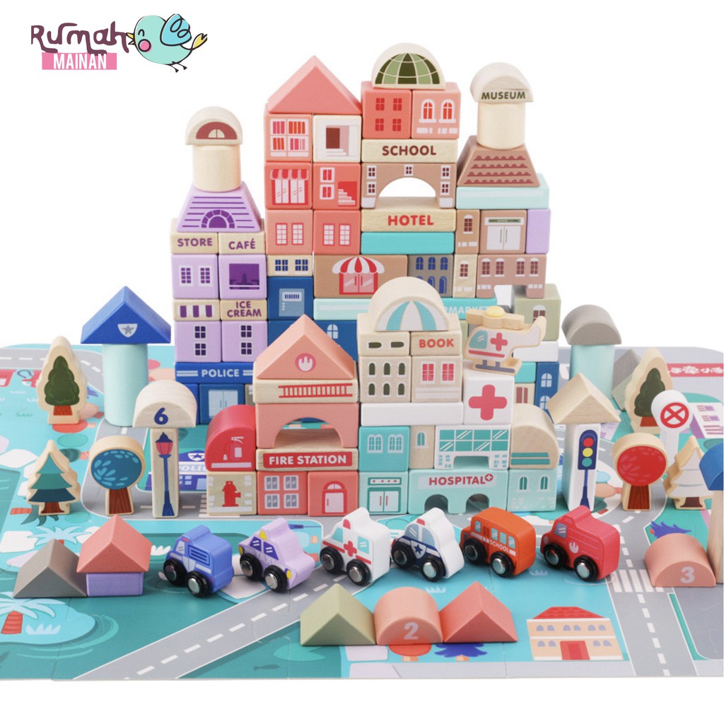 Jual [Rumah MAINAN] READY STOCK 115 PCS Mainan Kayu Balok Bangunan Kota