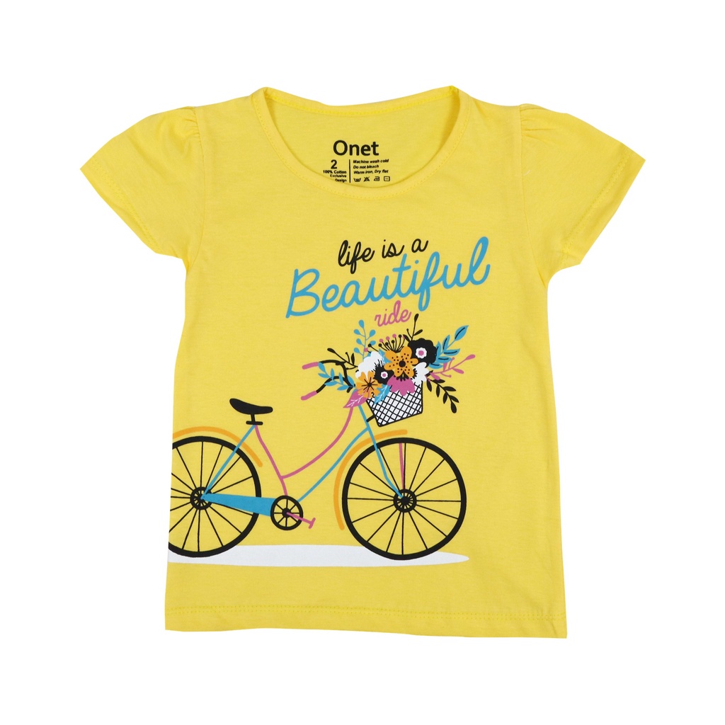 kaos atasan anak perempuan umur 1-6 tahun warna kuning motif sepeda beautiful ride bahan katun halus dan lembut