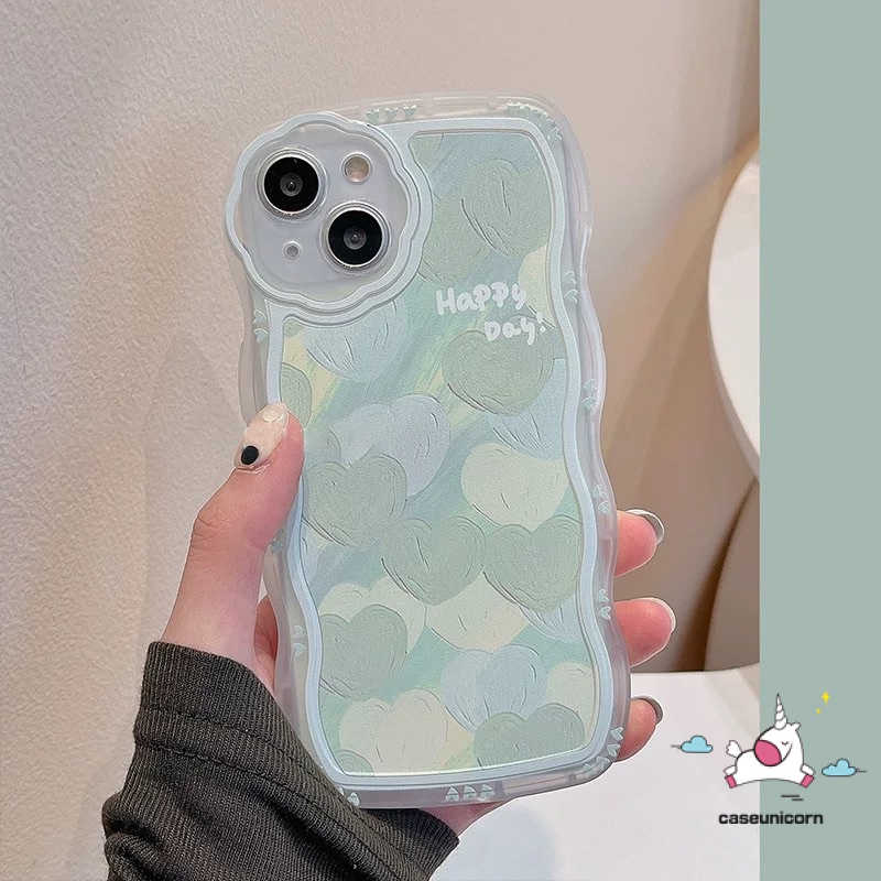 Soft Case TPU Motif Lukisan Minyak Hati Hijau Untuk iPhone 13 11 12 Pro MAX XR X XS MAX 6 6s 7 8 Plus SE 2020