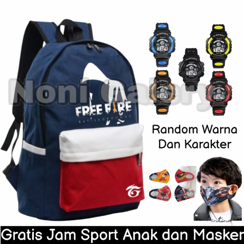 tas anak FREE FIRE - tas sekolah anak SD laki - tas anak cowok kekinian - tas ransel anak BONUS JAM SPORT