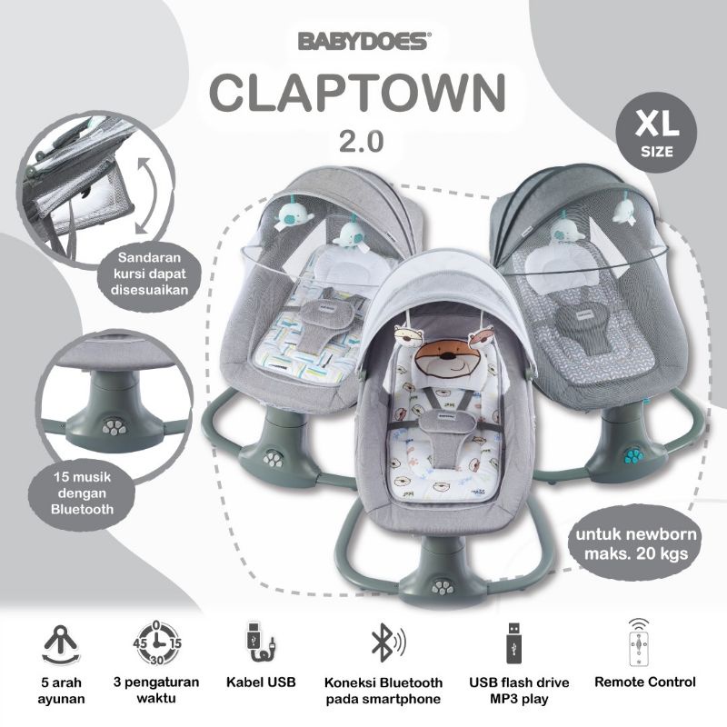 Babydoes Claptown 2.0 AL With Remote Control Ayunan Bayi Bouncer Elektrik Baby Swing Otomatis / Automatic Baby Swinger Chair / Swing Bed