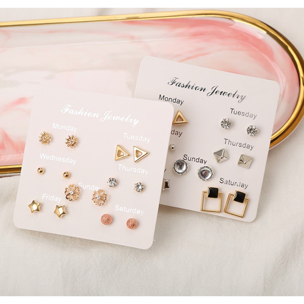 7 Pasang Anting Tindik Tusuk Set #1 1 Satu Minggu Week Ins Korea Fashion Plug Earrings Korean Style