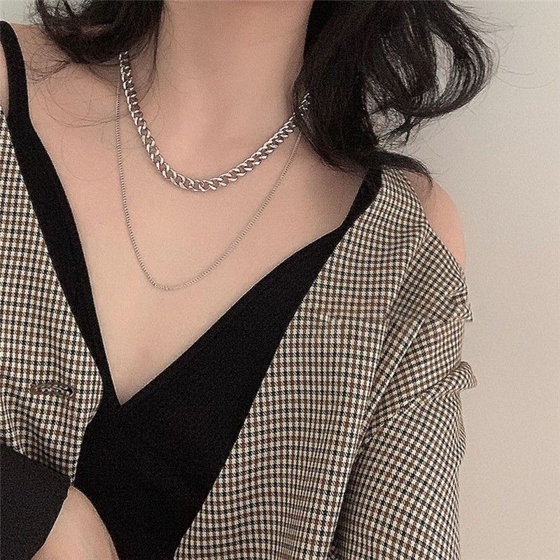 Kalung Double Layer Rantai Silver Polos Plain Silver Chain Multilayer Necklace Gaya Punk Korea