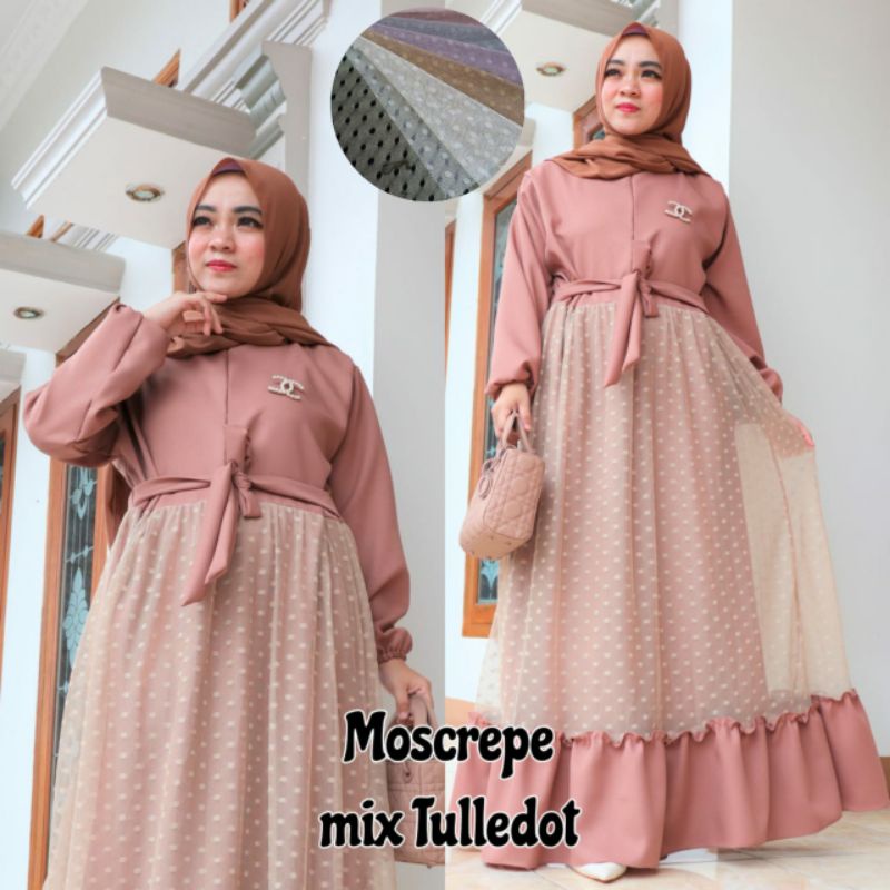 gamis moscrepe mix tule dot / gamis moscrepe // gamis daily / gamis cantik / gamis moscrepe