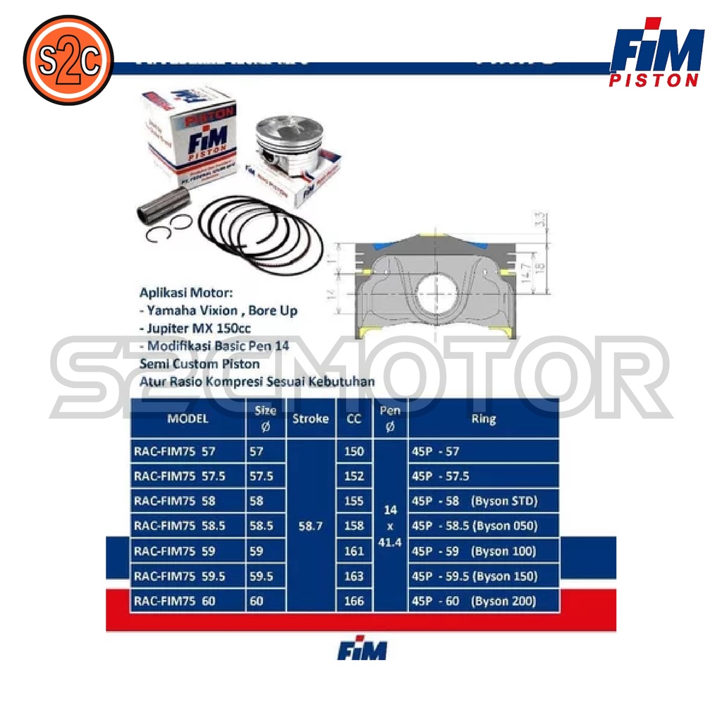 PISTON KIT VIXION MX KING R15 V2 CUSTOME DOME HIGH COMP. FIM75 PIN 14 FIN 75-2