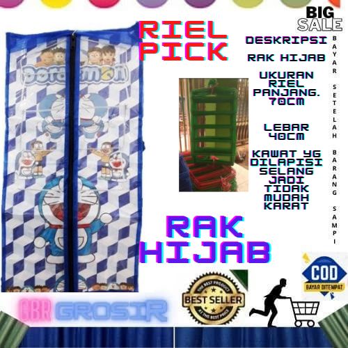 Rak Jilbab Gantung Resleting tanpa saku depan Organizer Serbaguna Motif Karakter UK 29X45