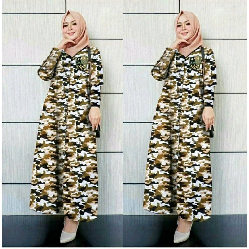 lk Army syari gamis maxi dress terusan wanita murah simple elegan abri loreng hijab modis modern bu