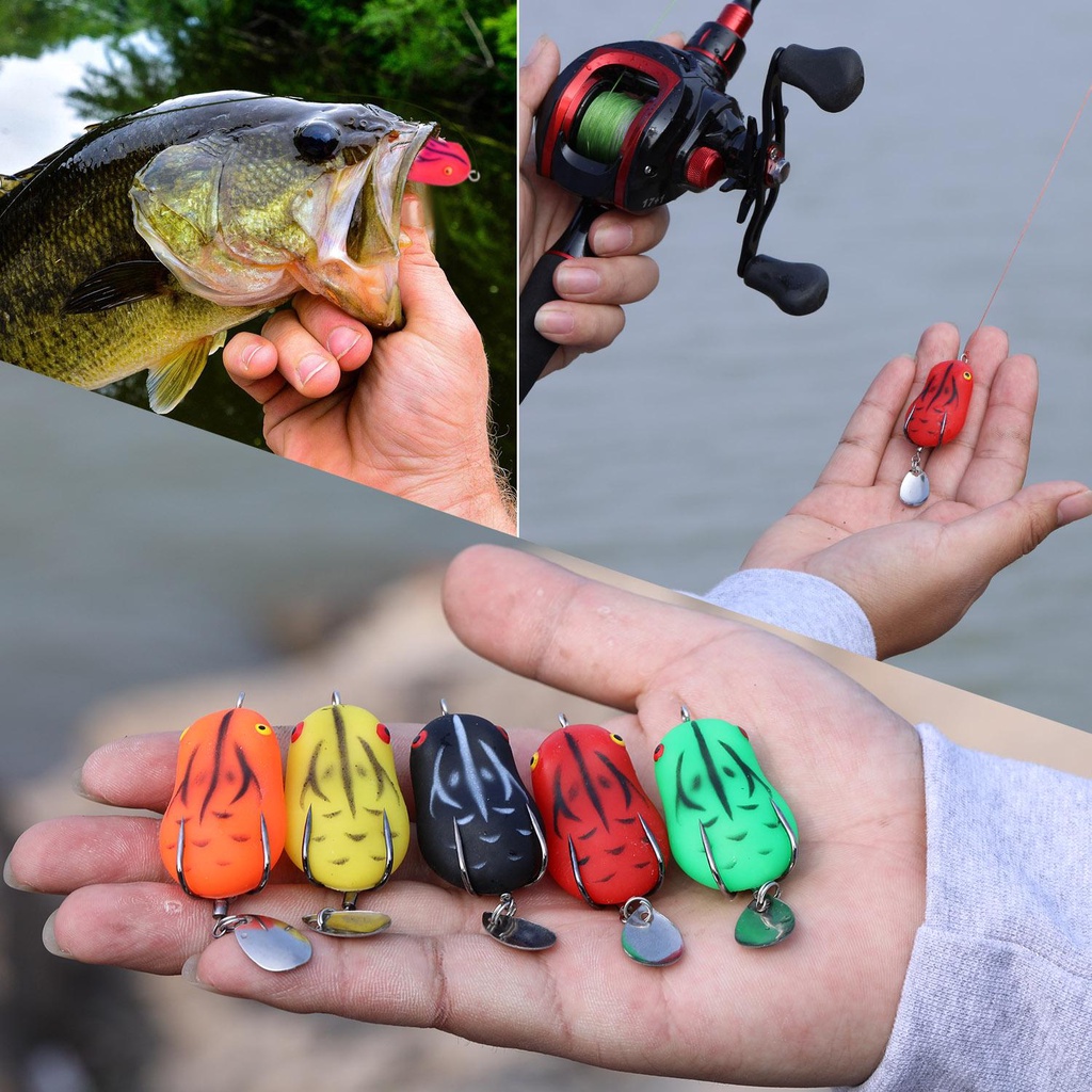 HAIYI FISHING Umpan Pancing Fishinig Lure New Sequin Frog Umpan Pancing Soft Fishing Lure 4.5cm/7g Lembut Bionik Katak Kodok Tiruan Kait Ganda Simulasi Putar Tubuh Berongga Palsu Umpan Casting Atas Air Alat Fishing Hook