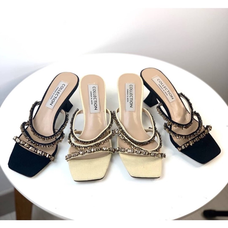 Sepatu Sendal Hak Tinggi Wanita CK Diamond Strap Heeled Sandals Premium Import, Hitam Black Krem Nud