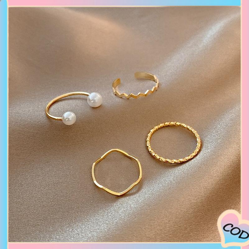 COD❤️ 4 Pcs/set Korea Cincin Emas Untuk Wanita Sederhana Mutiara Elegan Cincin Set Dapat Disesuaikan Terbuka Perhiasan Hadiah-A.one