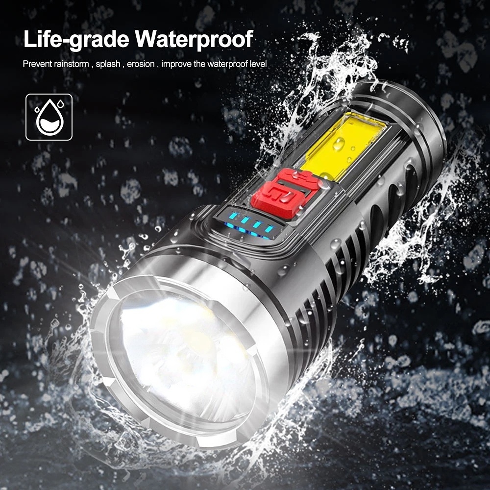 Lampu Senter 4-led Cob Genggam Portable Bahan ABS Anti Air Charge USB Untuk Outdoor / Camping / Hiking
