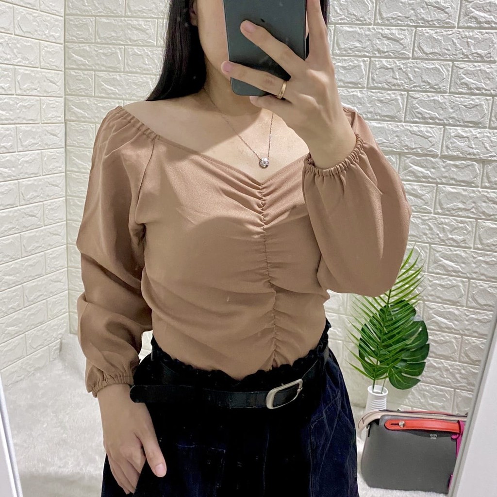 WSE390 - Blouse Lana Atasan Wanita Kerah V Elastis Ada Karet Smock di Belakang