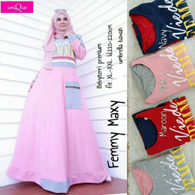 Femmy Maxy, maxi dress, gamis, long dress, dress muslim, motif Femme, kekinian gamis, gamis Jumbo