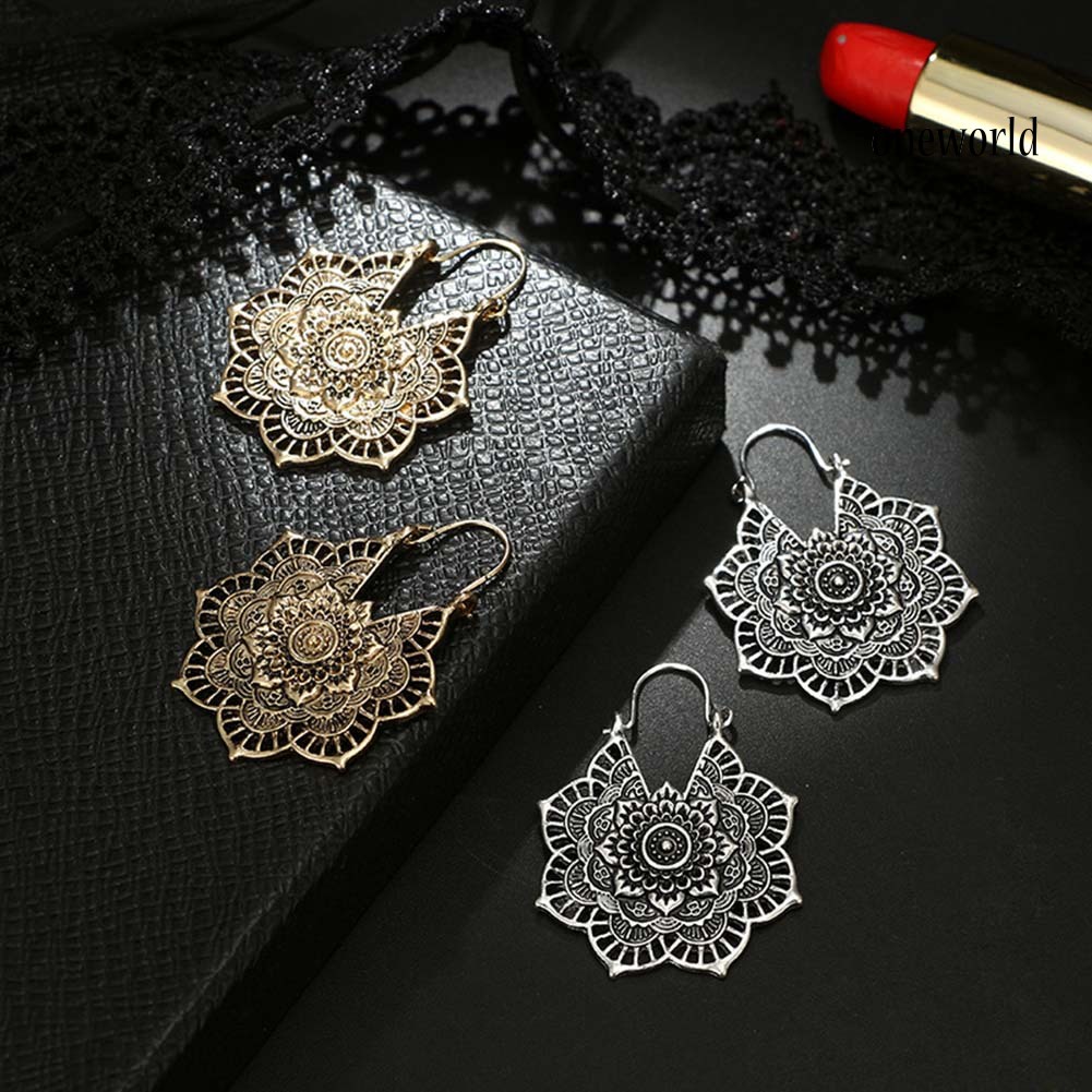 OW@ Bohemian Women Hollow Flower Honeycomb Filigree Hoop Earrings Retro Jewelry Gift