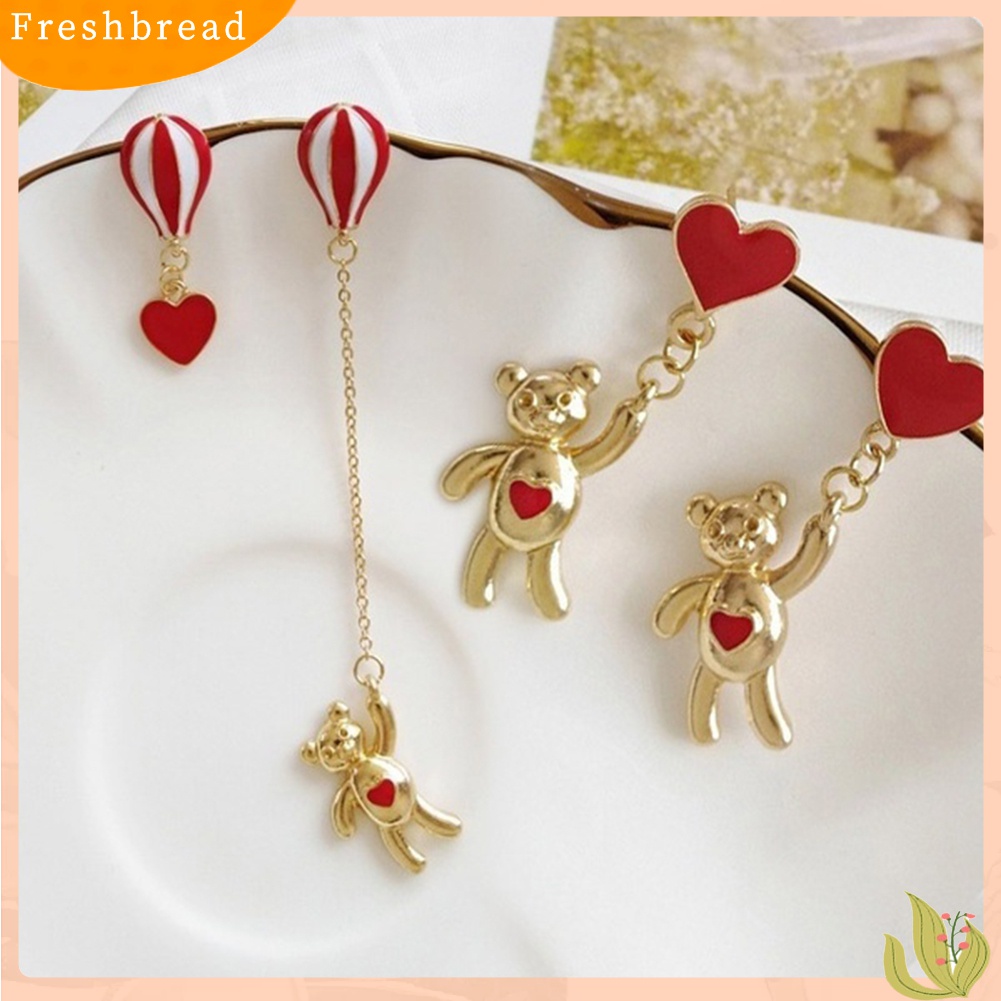 Fresh| Anting Tusuk Gantung Asimetris Desain Hati / Beruang / Balon Udara Untuk Wanita